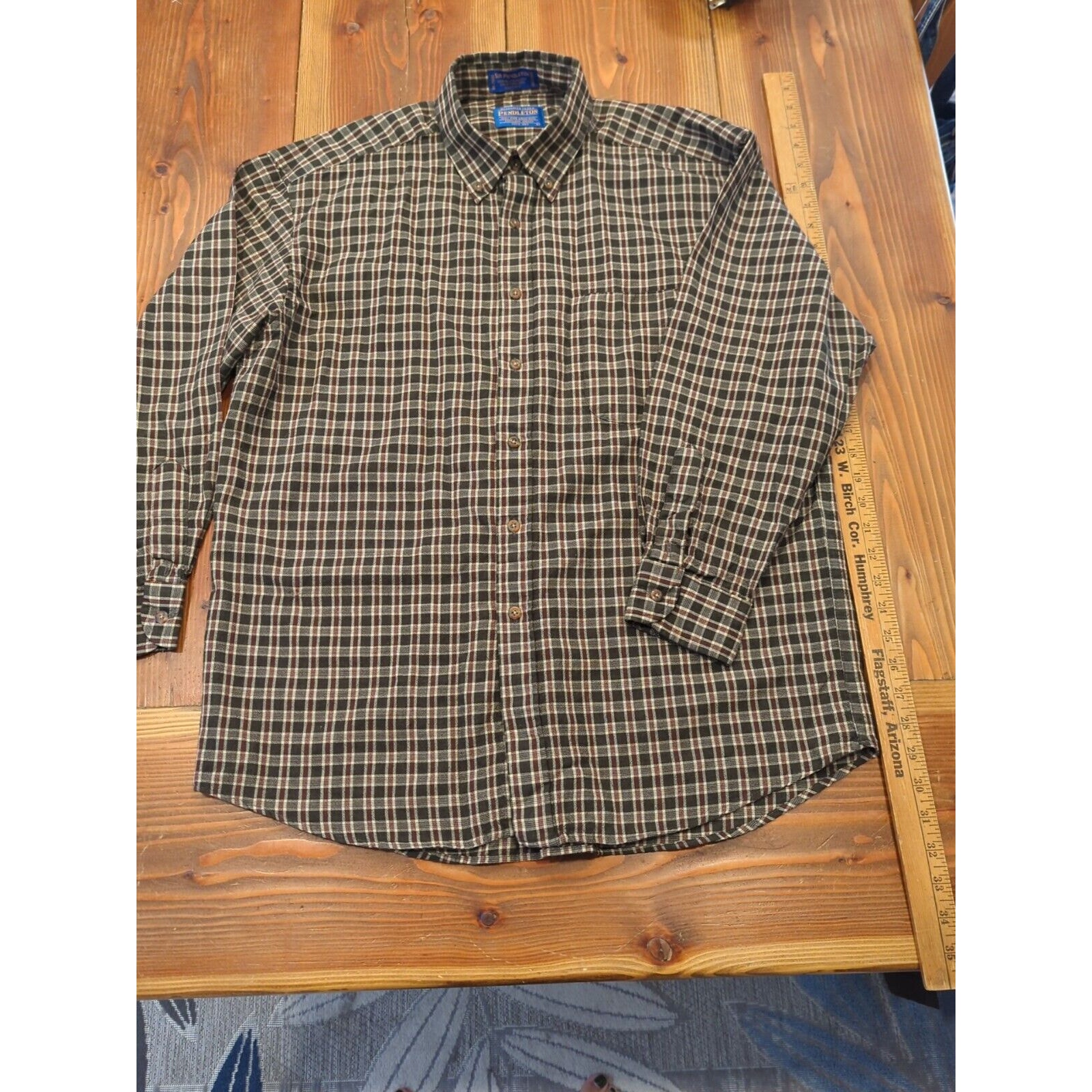 Pendleton Shirt Men's Lg Brown/Green Plaid Worsted Wool Long Sleeve Button